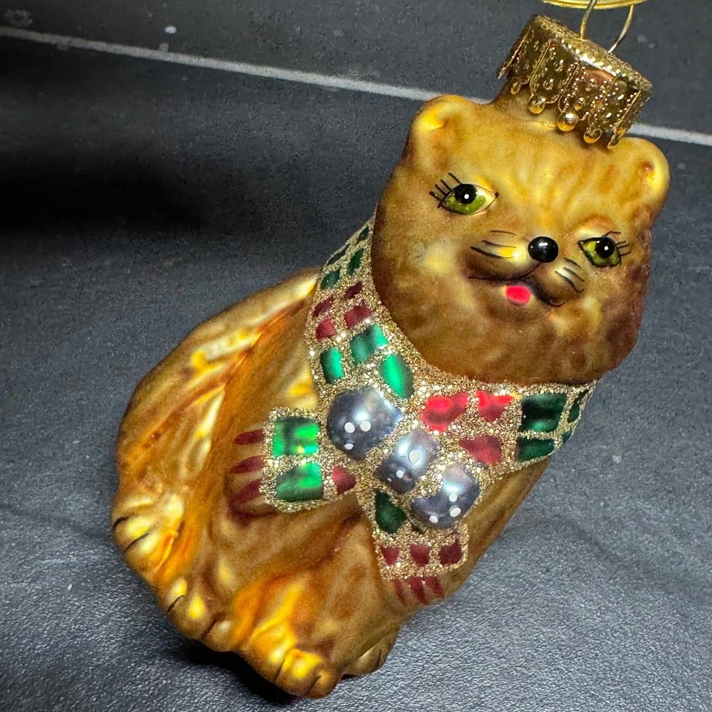 Vintage Blown Glass Cat Christmas Ornament Gold Tabby with Glitter Scarf 3 Inch